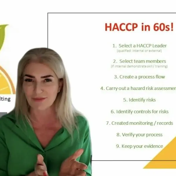 Woman presenting HACCP steps in sixty seconds.