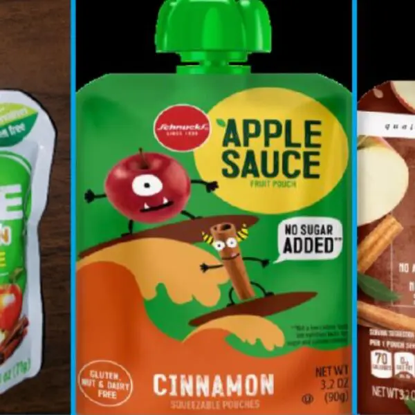 Cinnamon apple sauce pouch with cartoon design.