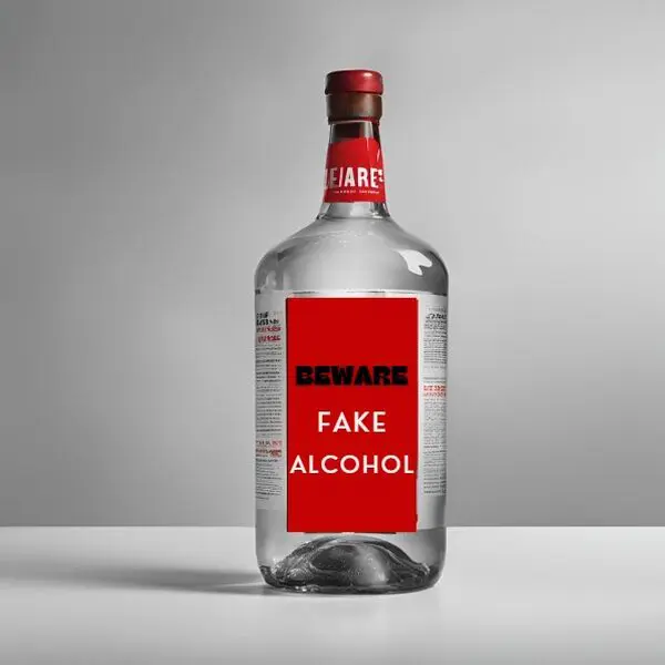 Bottle labeled "Beware Fake Alcohol" on table.