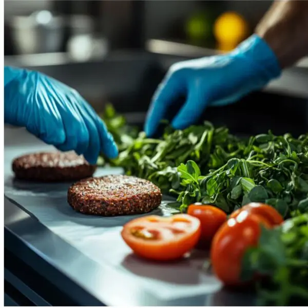 Gloved hands preparing plant-based burger ingredients.