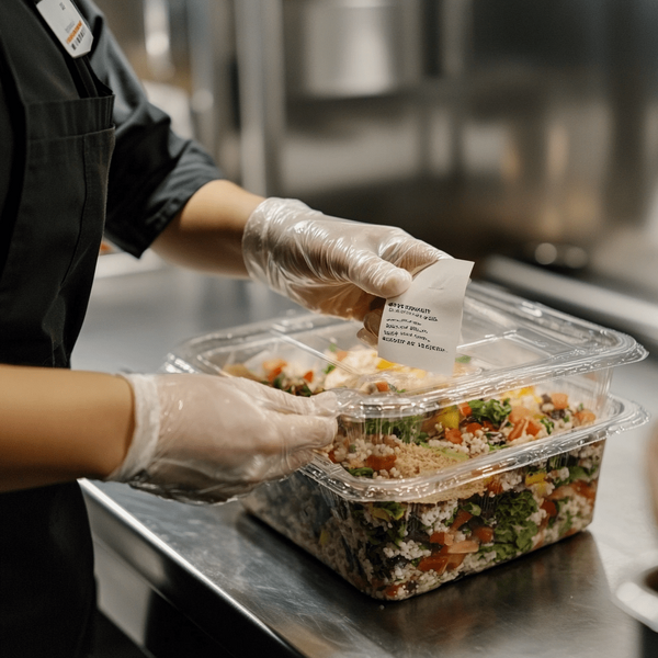 Gloved hands holding labeled food container.