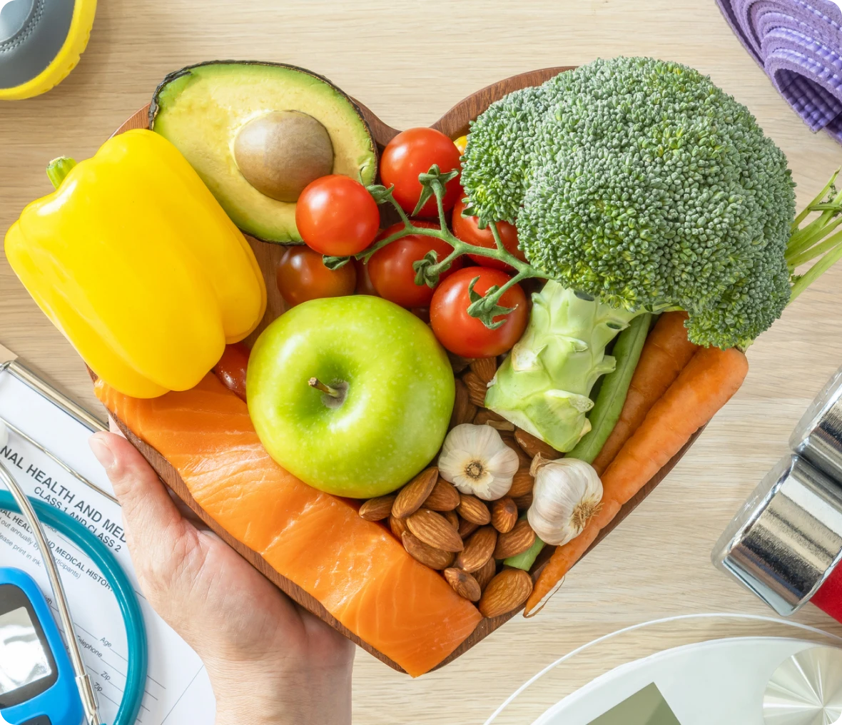 Fresh vegetables, fruits, and salmon assortment
