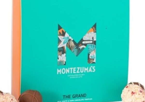 Montezuma's chocolate truffles box with truffles.