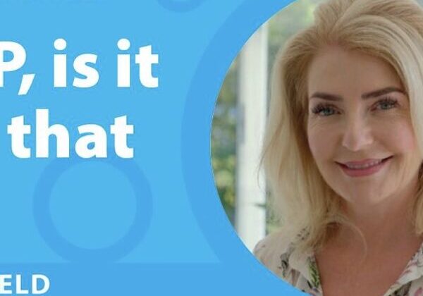 Woman smiling beside text on blue background.