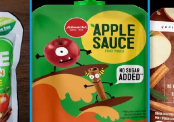 Cinnamon apple sauce pouch with cartoon design.