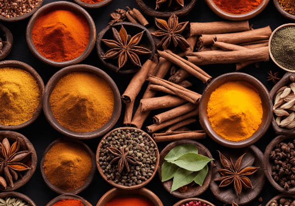 Colorful spices arranged in wooden bowls.