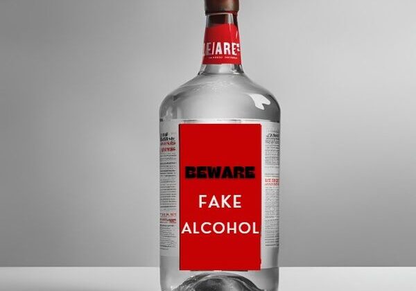 Bottle labeled "Beware Fake Alcohol" on table.