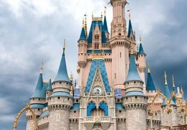 Fairy tale castle under a cloudy sky.