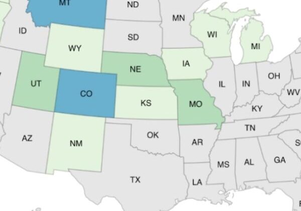 Map highlighting several U.S. states in color.