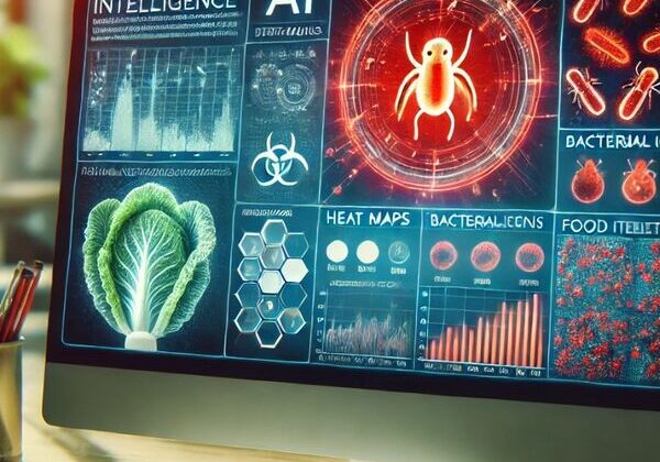 Computer displaying artificial intelligence and bacteria graphics.