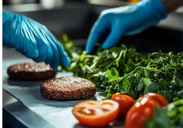 Gloved hands preparing plant-based burger ingredients.