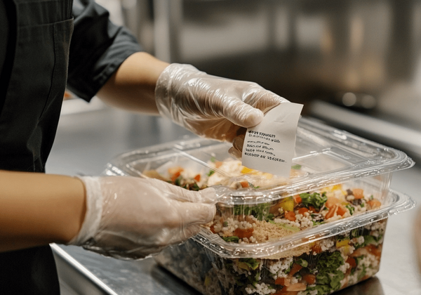 Gloved hands holding labeled food container.